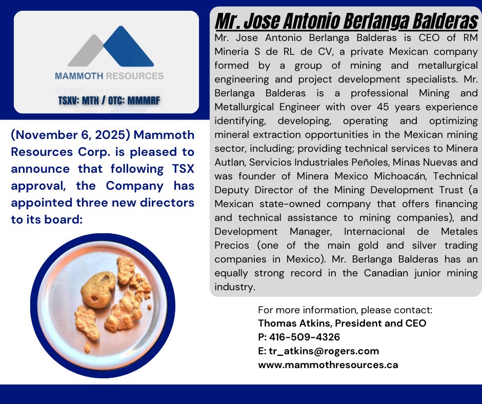 MammothResource's tweet photo. To learn more, please visit: https://t.co/wAUTP4uUqk

$MTH.V $MMMRF #Gold #Silver #Mining #Mexico #TSXV #OTC https://t.co/ZzRF1pH5Ia