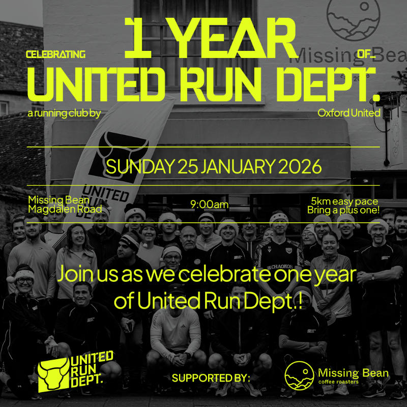 OUFCOfficial's tweet photo. 🖤 One Year of United Run Dept. 🖤

We’re celebrating with a one-year birthday run on Sunday 25 January at @TheMissingBean Roastery, Oxford 🏃‍♂️☕️

Bring a friend and help make it our biggest run through the city yet.

Full details &amp; how to register ⬇️