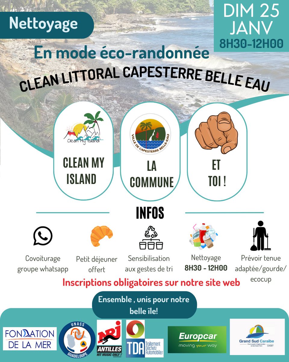 Et si on agissait concrètement pour notre littoral ?
📅 Dimanche 25 janvier | 8h30 – 12h
📍 Capesterre Belle-Eau
Rejoignez l'action en mode éco-randonnée.
#EngagementCitoyen #CleanLittoral #CleanMyIsland #CapesterreBelleEau #TransitionÉcologique #Guadeloupe #Environnement