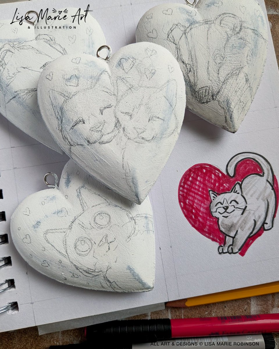 Woke up in a Valentine mood today ❤️

Working on love-themed hanging hearts (cats &amp; badgers, obviously) and planning some cat Valentine cards... that will be lino printed for the first time since uni (20+ years)… excited and terrified! 😅
#valentinesart #WIP #catart #artistlife