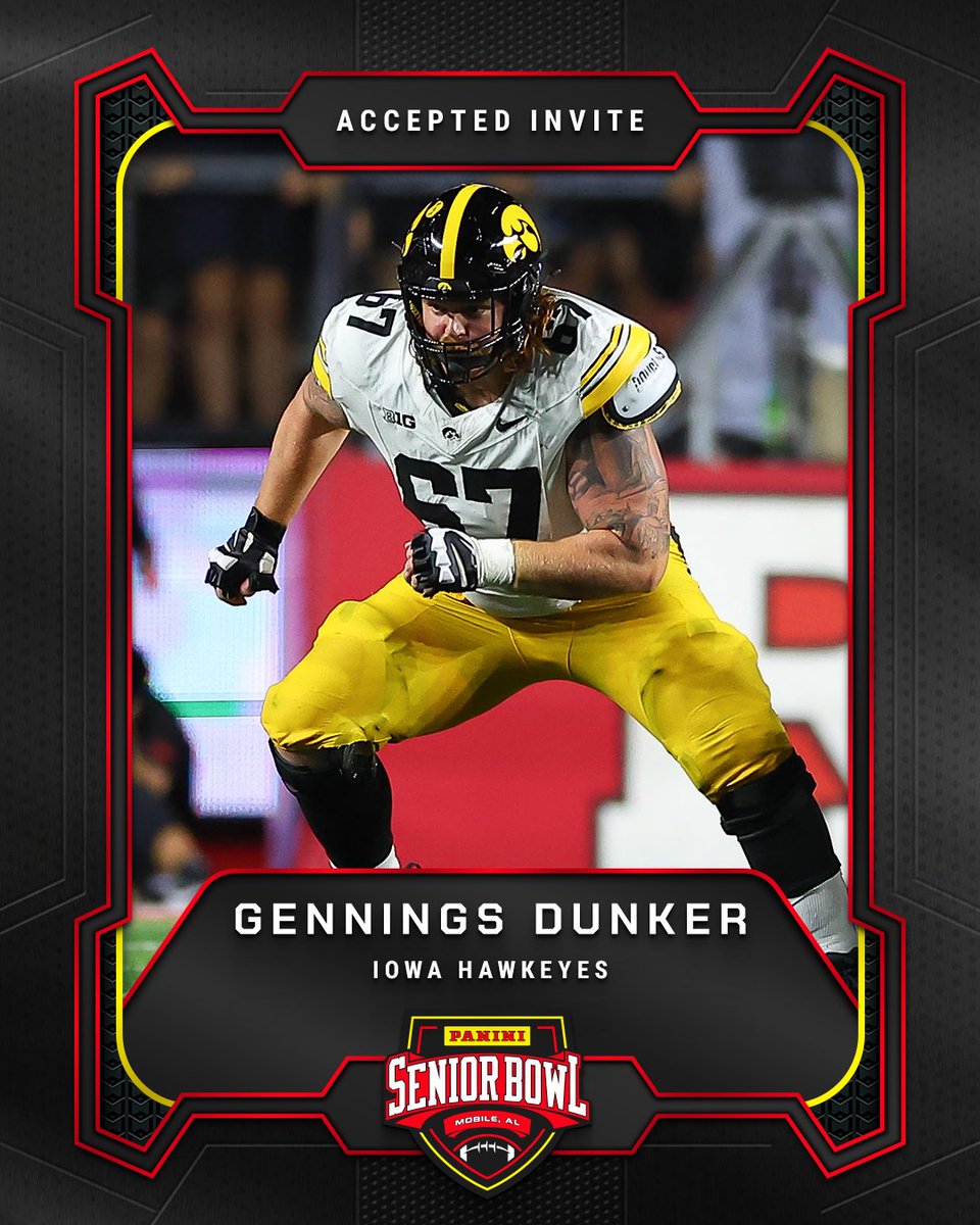 seniorbowl's tweet photo. Officially Accepted!

OL Gennings Dunker (@gennings_dunker) from @HawkeyeFootball is headed to the 2026 Panini Senior Bowl 🔥

#TheDraftStartsInMobile #WherePlayersPlay https://t.co/G64lNa2DKB