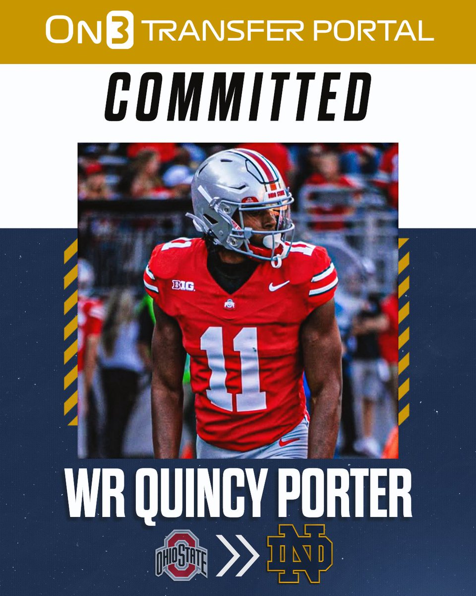 On3sports's tweet image. BREAKING: Ohio State 5-star true freshman transfer WR Quincy Porter has committed to Notre Dame, @Hayesfawcett3 reports☘️

on3.com/news/ohio-stat…