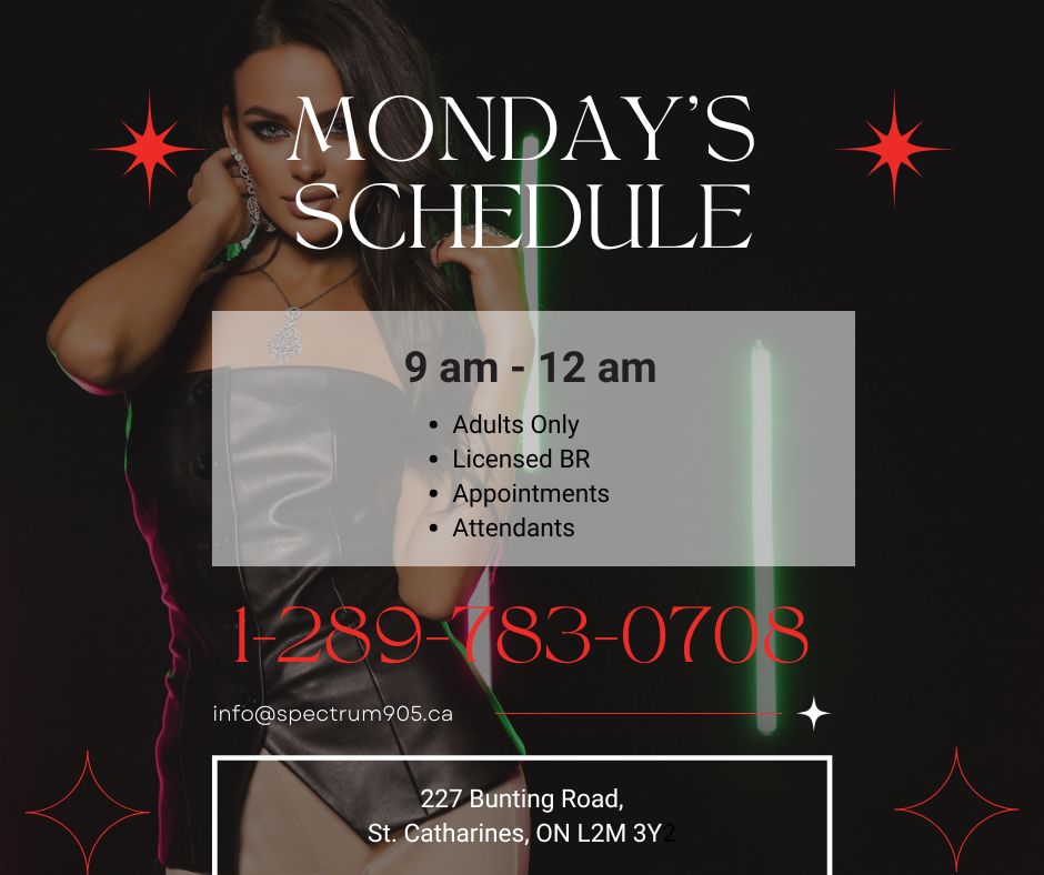 Spectrum905's tweet photo. Spectrum 905 is the only licensed, adult-only BR spa in the Niagara Region. We’re located in St. Catharines, with a refreshed space and a calm, quiet feel.  We’re open every Monday from 9 a.m. to 12 a.m. Our attendants are available by appointment, so you can plan your visit with no guesswork.  To book a time, give us a call and let us know what works best for you.  #Spectrum905 #Spectrum905Spa #NiagaraSpa #StCatharinesSpa #NiagaraRegion #AdultOnlySpa #LicensedSpa #BRspa #LuxurySpa #RelaxationSpot #SpaAppointment #BookYourVisit #SpaByAppointment #CalmAndQuiet #RefreshedSpace #WellnessNiagara #SpaMonday #OpenMonday #SpaHours #AdultWellness #PrivateSpaExperience #StCatharinesWellness #NiagaraWellness #SpaAppointmentsAvailable #BookASpaVisit #SelfCareNiagara #DiscreetSpa #WellnessRetreat #SpaCallToBook