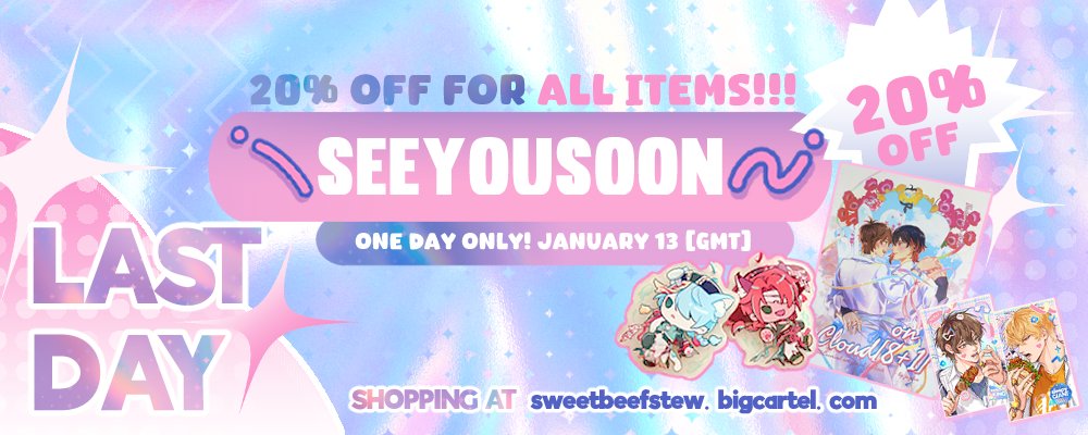 crybabyhebi's tweet photo. This is truly short notice, due to unexpected changes, our store will be closed tomorrow January 13th. We're very sorry for the inconvenience. 
To make up for this, 20% discount for all items will be applied if you use this code on this last day.
shop now! https://t.co/s4ygD2l2Yf https://t.co/f3DOTJWCL1