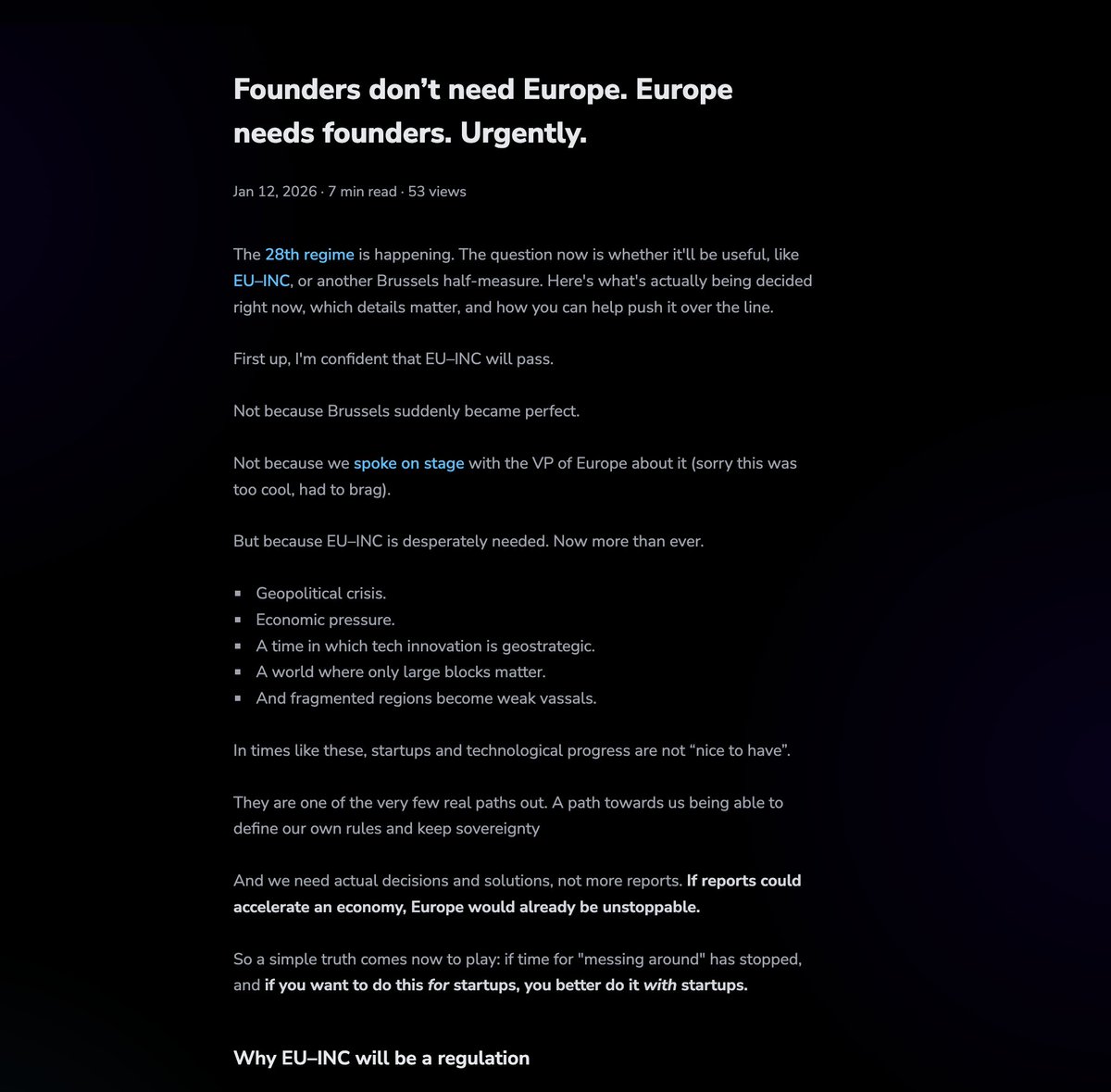 We are entering the hot-phase for the <a href="/euinc_petition/">EU–INC</a>  🇪🇺🔥

The <a href="/EU_Commission/">European Commission</a>, led by <a href="/EUCssrMcGrath/">Michael McGrath</a>, will publish how they want to implement the 28th regime.

I am confident they'll propose something useful…

Why? Founders don't need Europe. Europe needs Founders. Urgently.