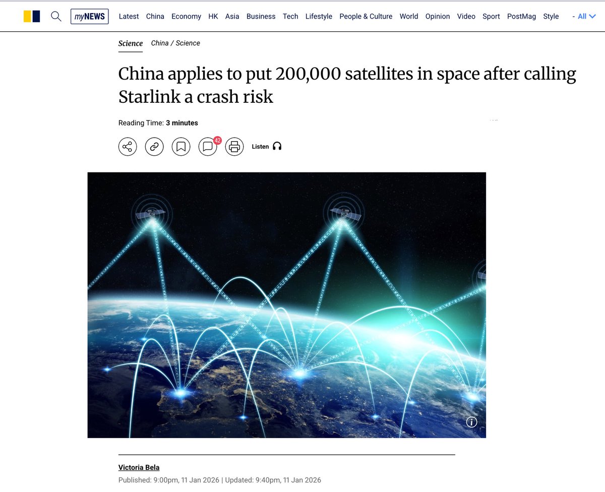 🇨🇳🇺🇸 China just filed for 200,000 satellites while the West is still arguing about Starlink’s traffic jam.
This isn’t a “space race” anymore, it’s two different eras running on the same timeline.

One side is scaling national launch capacity, building reusable rockets, and