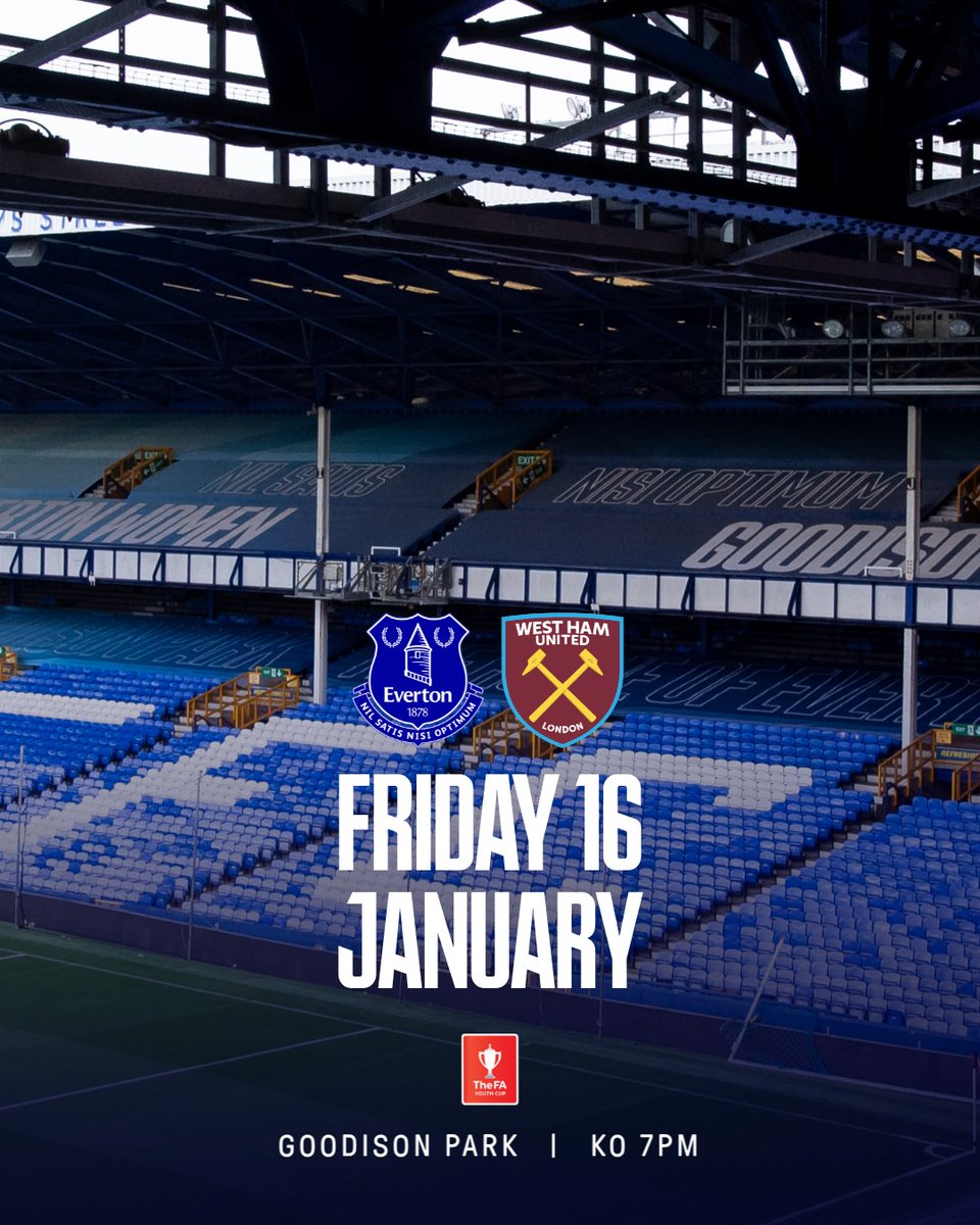 EvertonAcademy's tweet photo. Get tickets now for this Friday’s FA Youth Cup fourth-round clash between Everton Under-18s and West Ham United at Goodison Park! 🔵➡️https://t.co/iXzksH7d13 https://t.co/T13oJNX9c8