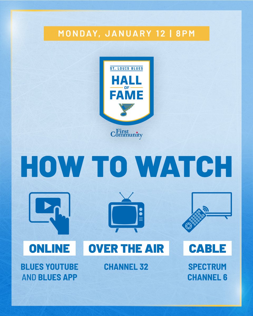 StLouisBlues's tweet photo. TONIGHT! Tune in to see the induction of Al Arbour, Barret Jackman and Alexander Steen into the Blues Hall of Fame presented by @firstcommunity, Monday at 8 p.m. on @MatrixMidwest or streaming 📺 #stlblues https://t.co/xOYHSVuE9S
