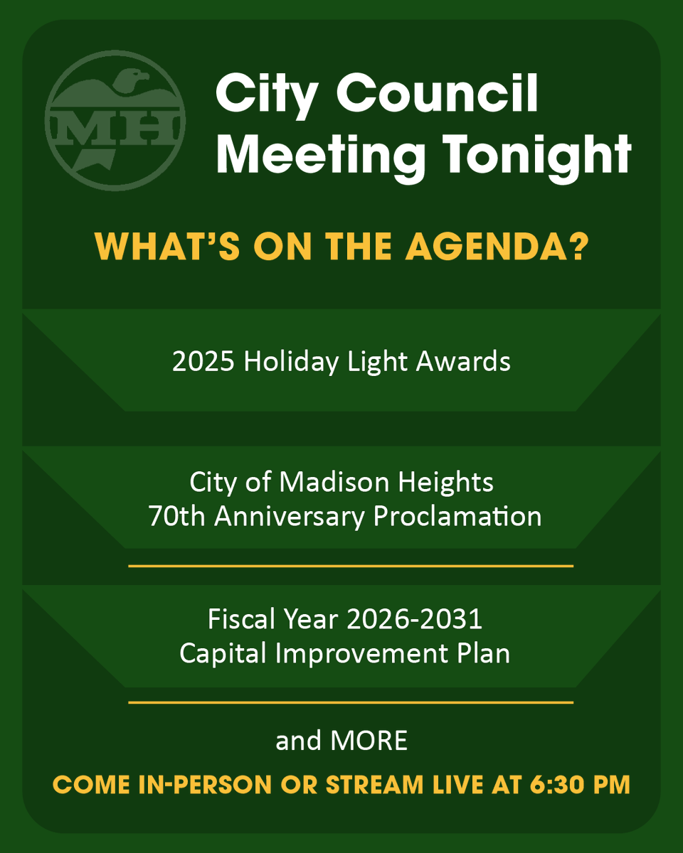 cityofmadhts's tweet photo. Join us tonight, Monday, January 12th for the Regular City Council Meeting, starting at 6:30 pm in Council Chambers!

Watch in-person at City Hall or watch it live on our YouTube Channel: https://t.co/P3fLFeHgRm

#citygovernment #citycouncil #creatingcommunity https://t.co/uLXWMssE8e