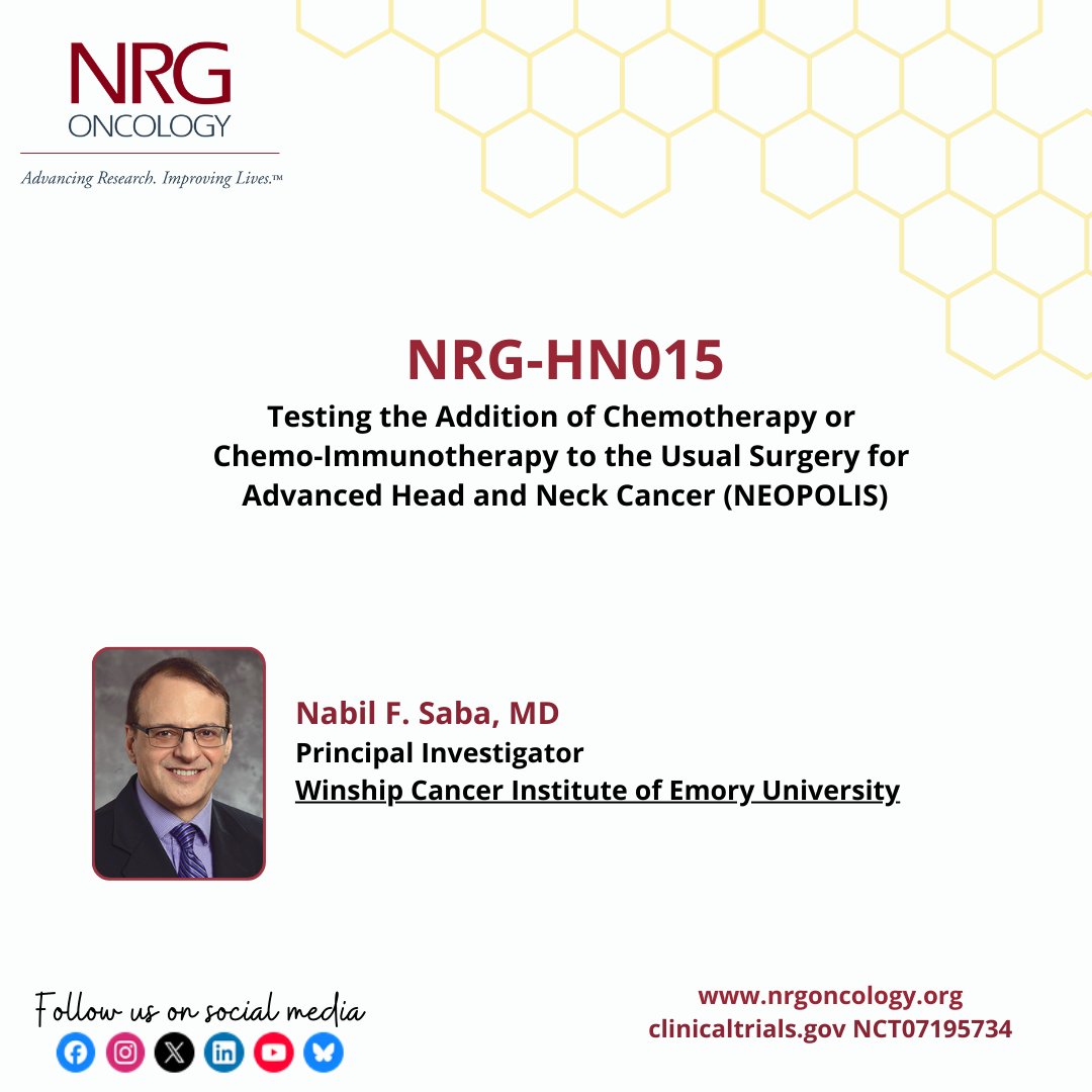 NRGonc's tweet photo. Study Activation! NRG-HN015 A Phase II Randomized Trial of Neoadjuvant Chemotherapy or Chemo-Immunotherapy in Patients with Recurrent/Persistent PD-L1 Enriched Squamous Cell Carcinoma of the Head and Neck Undergoing Salvage Surgery (NEOPOLIS)
@DrNabilSaba
https://t.co/0xIh7Rz38N https://t.co/zuitXz875x