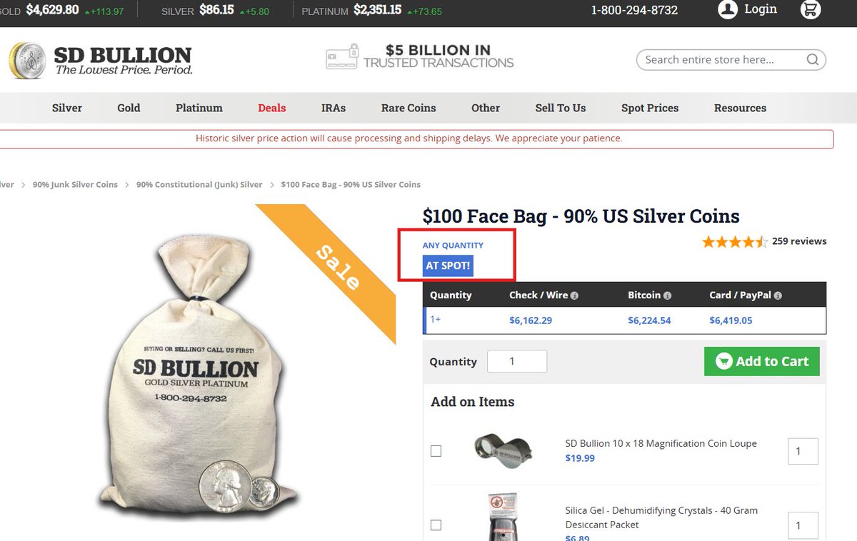 silvertrade's tweet photo. 🚨LAST BASTION OF PHYSICAL SILVER FALLING:
🔥JMBullion SOLD OUT of 90%
🔥APMEX Raises 90% Premiums to $4/oz Over Spot
➡️➡️SD Bullion Last Remaining Big 3 Dealer With 90% Silver AT SPOT: