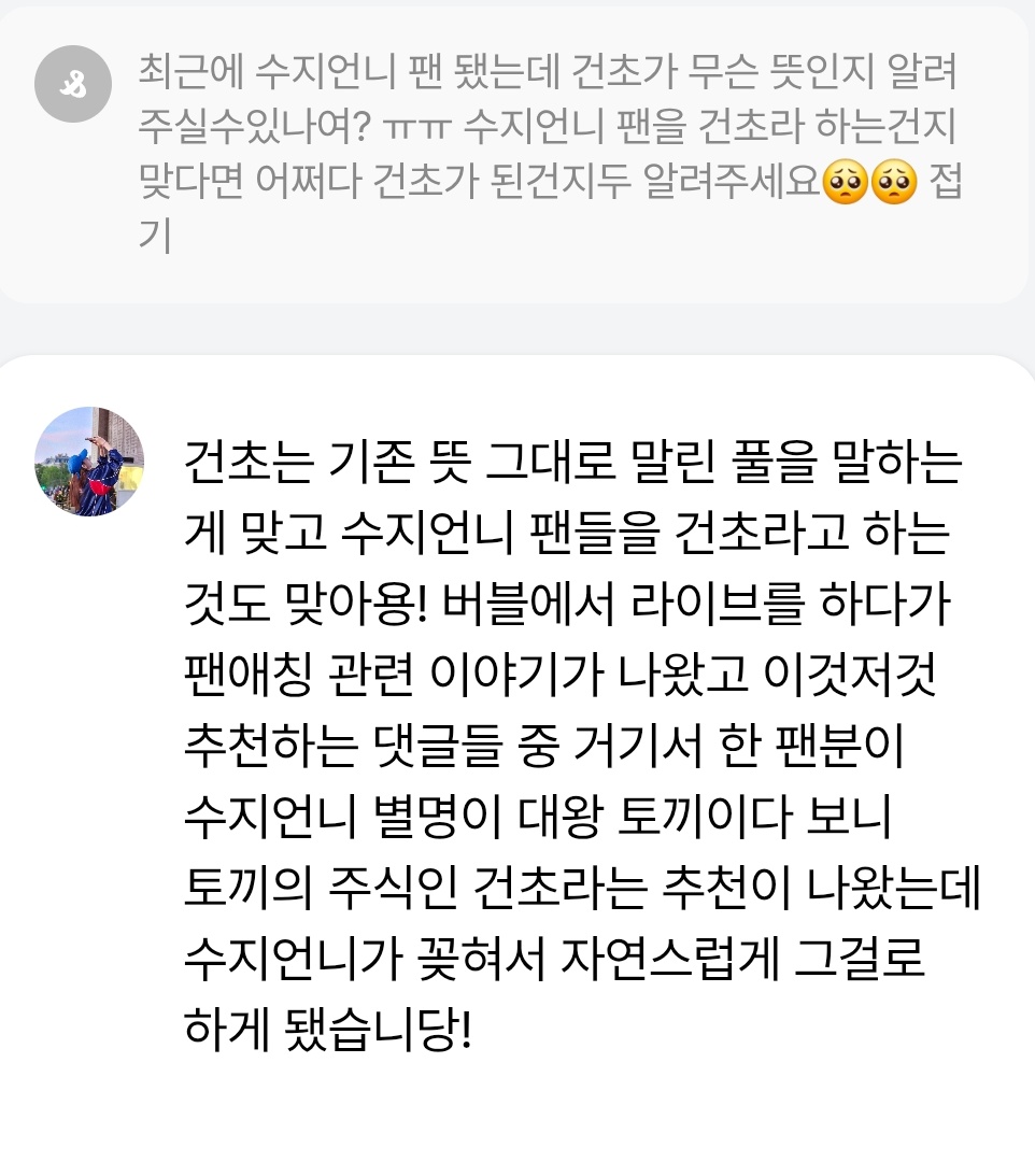 수지언니 팬애칭 건초 유래 앙딱정 
뉴건초 환영합니다..🫶🏻🫂