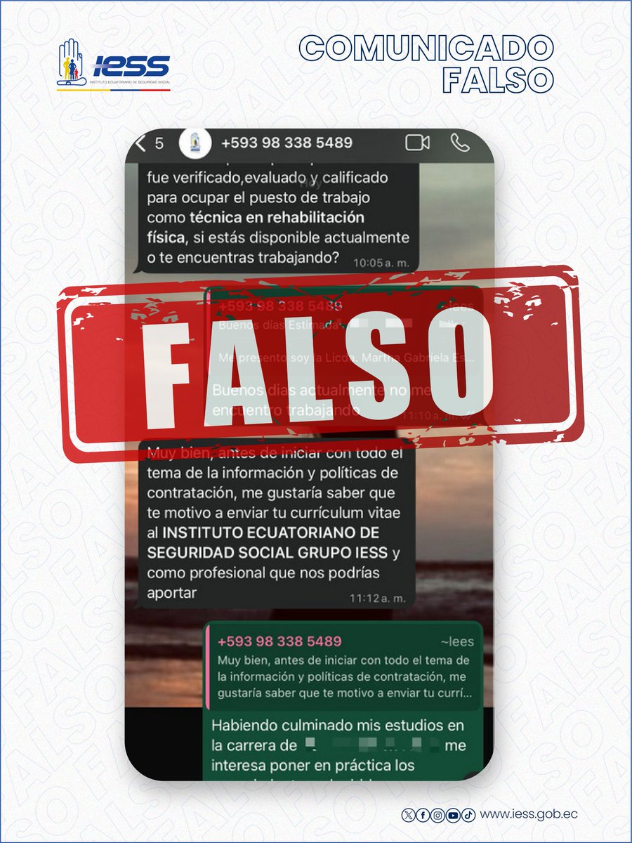 IESSGuayas's tweet photo. 🙅🏽‍♀️¡Basta de estafas!  Presta atención a estas recomendaciones y evita caer en convocatorias falsas:

* No solicitamos información personal ni bancaria.
* Verifica el dominio https://t.co/2dAYzLWlVV 

¡Recuerda! 
✅ Todo proceso de contratación se hace con @EncuentraEmpleo

✅ Infórmate por canales oficiales: @IESSec @IESSGuayas.
