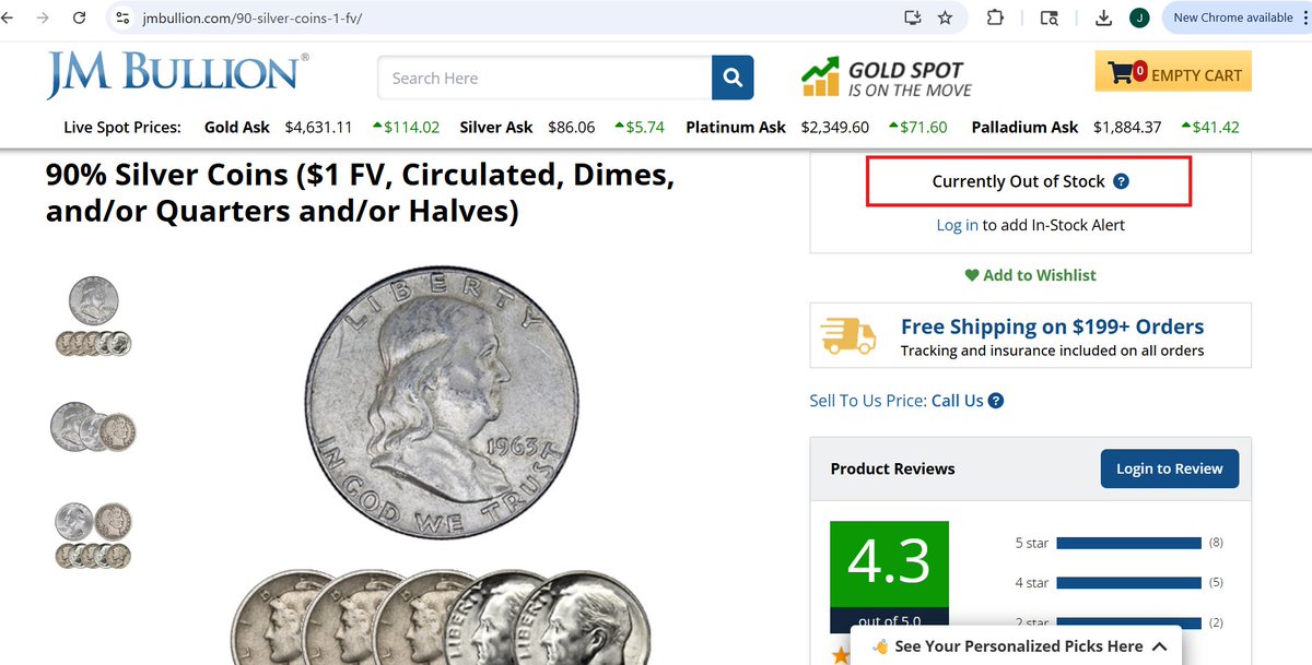 silvertrade's tweet photo. 🚨LAST BASTION OF PHYSICAL SILVER FALLING:
🔥JMBullion SOLD OUT of 90%
🔥APMEX Raises 90% Premiums to $4/oz Over Spot
➡️➡️SD Bullion Last Remaining Big 3 Dealer With 90% Silver AT SPOT: