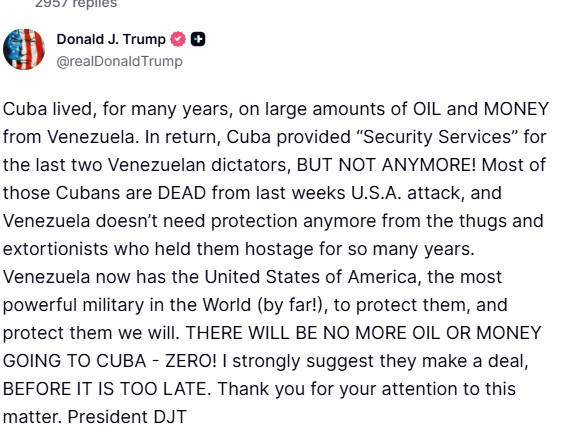 1/12/26-#Cuba Donald J. Trump 
On Truth Social-