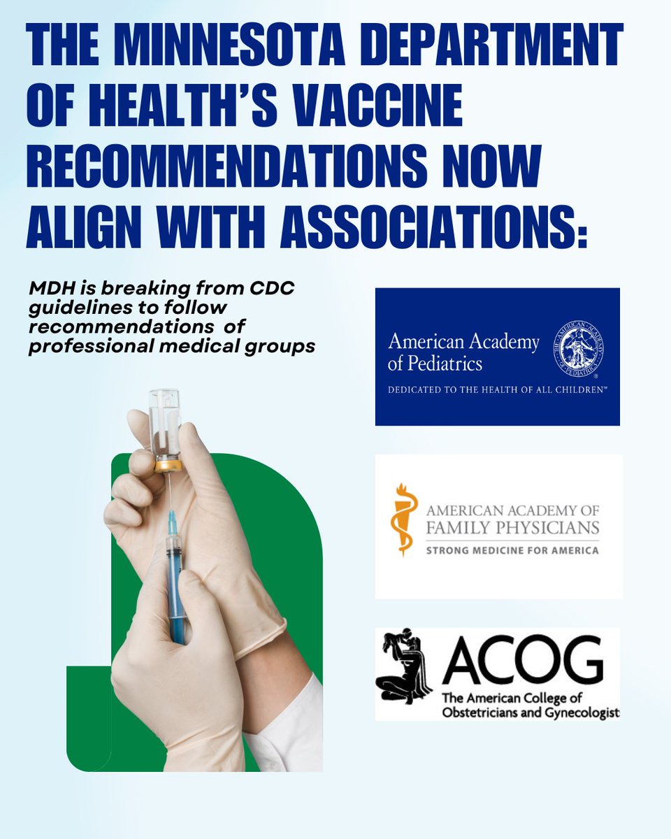 umnHERO's tweet photo. The Minnesota Department of Health is breaking from CDC immunization recommendations following federal changes in childhood vaccine schedules.  Follow the QR code on the slide above to learn more about the immunizations recommended by MDH. https://t.co/zxFEDKgdEc