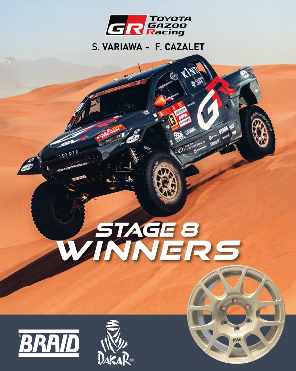 BRAIDwheels's tweet image. 🥇Victory for Toyota Gazoo Racing SA in Stage 8 of the Dakar.
With Saood Variawa behind the wheel and François Cazalet as co-driver.
First year competing with BRAID wheels, and already delivering stage-winning results at the Dakar.
#BRAIDWheels #Dakar2026 #ToyotaGazooRacingSA