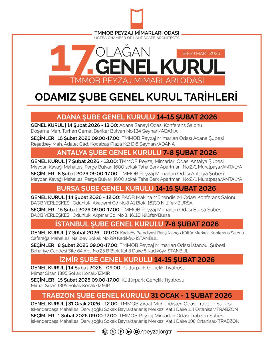 17. OLAĞAN GENEL KURUL SÜRECİNDE ODAMIZ ŞUBE GENEL KURUL VE SEÇİM TARİHLERİ

TMMOB Peyzaj Mimarları Odası
16. Dönem Yönetim Kurulu

peyzajmimoda.org.tr/icerik/2026011…