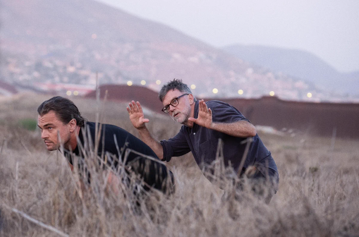 Picture of actor Leonardo DiCaprio and Director Paul Thomas Anderson filming their 2025 film, 'One Battle After Another'. 
