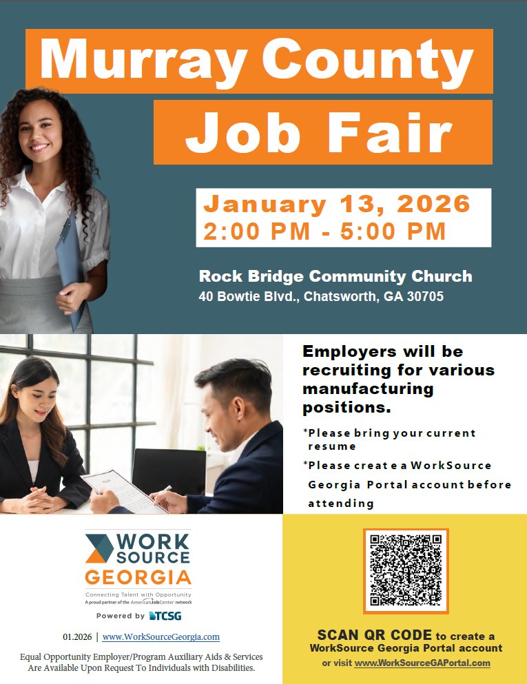WorkSourceGA's tweet photo. Tomorrow - Murray County Job fair 2026! on January 13th, 2 PM – 5 PM at the Rock Bridge Community Church. Meet local employers ready to hire! Register now: https://t.co/37pkRK3xeD

#ChatsworthGA #JobFair #Manufacturing  #worksourcegeorgia #worksourcega https://t.co/LMHRDN6Qir