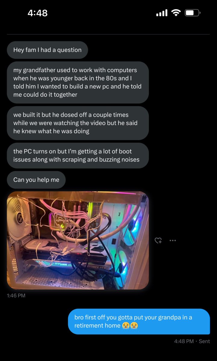 ParagonTweaks's tweet photo. still the FUNNEST PC Building related DM I have ever gotten in my life😭😭😭😭 https://t.co/ofMPClDneE