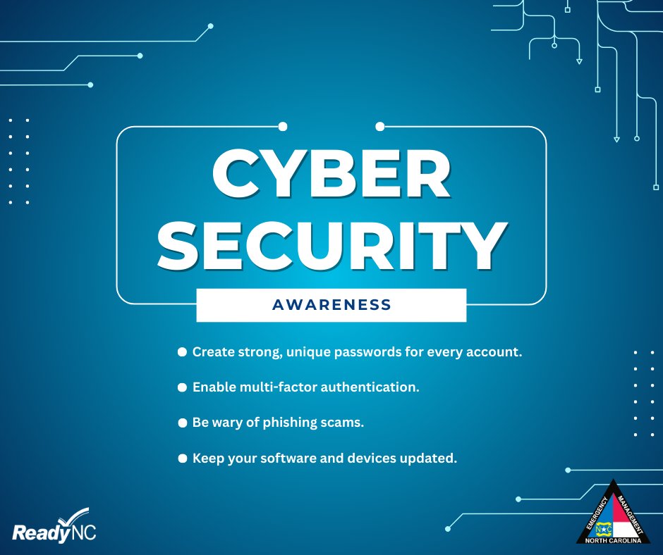It’s Home Office Safety and Security Week! If working remote, be sure to use strong, unique passwords and multi-factor authentication, keep all software updated, secure your home Wi-Fi with a strong password, and always use a VPN for work. 🔗 readync.gov/stay-informed/… 
#ReadyNC