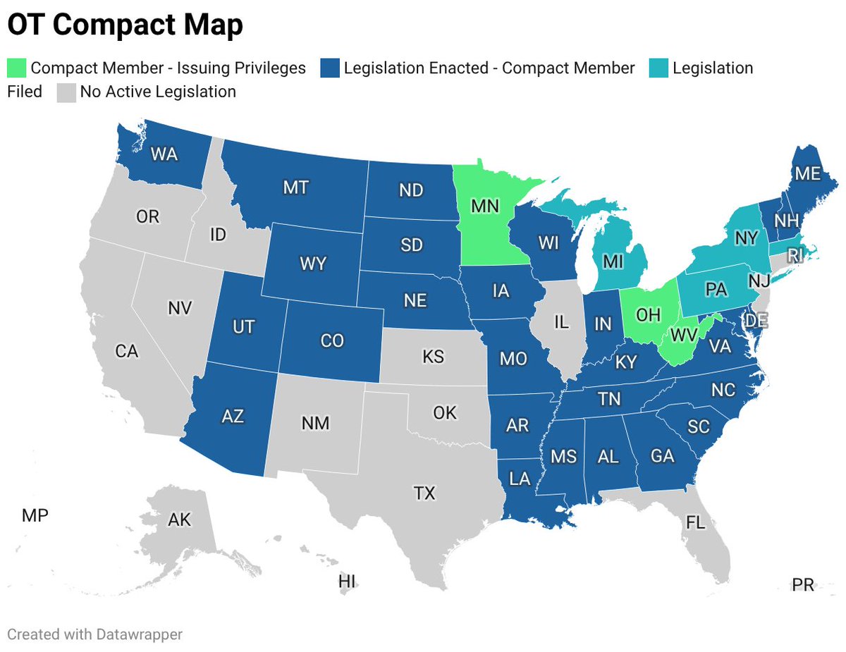 AOTAInc's tweet image. Ohio, Minnesota, &amp;amp; West Virginia are the first states to issue OT Licensure Compact privileges!
 
Now, practitioners who are licensed and reside in either state can apply for &amp;amp; obtain Compact privileges to practice in any of those three states. Learn more: bit.ly/49QbsID
