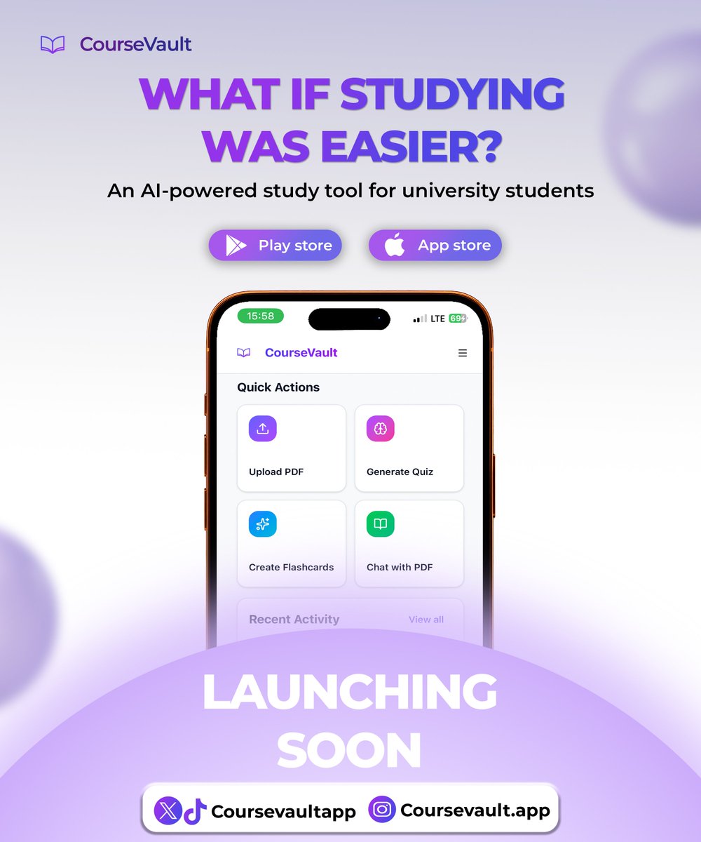 coursevaultapp's tweet photo. What if studying was easier? 🎓
CourseVault is launching soon 🚀
An AI-powered study tool built for university students.
#CourseVault #StudentLife #CampusLife https://t.co/iA0u4IJmFq