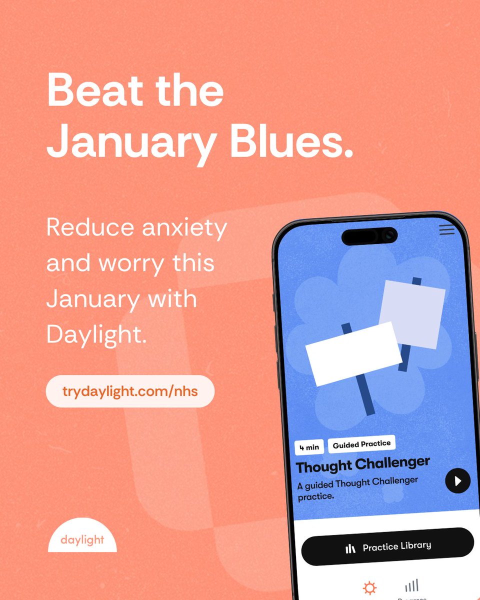 Start the year with a calmer mind.

Daylight offers simple, guided practices to manage anxiety and worry:

✅ Quick exercises in minutes
✅ Evidence-based techniques
✅ Free for NHS staff

Take the first step:
👉 trydaylight.com/nhs