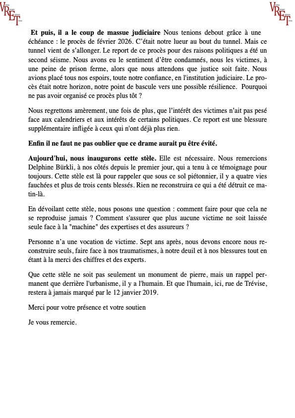 VictimesTrevise's tweet photo. Commémoration 2026-Inauguration de la stèle.
Que cette stèle ne soit pas seulement un monument de pierre,mais un rappel permanent que derrière l'urbanisme,il y a l'humain.L'humain,ici,#ruedetrevise, restera à jamais marqué par le 12 janvier 2019.
Merci à tous pour votre soutien🙏 https://t.co/vIj3wqPY5r