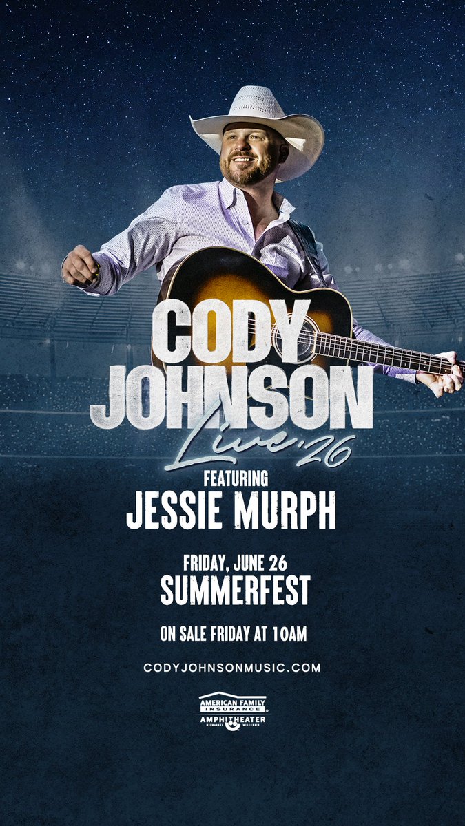 COW97Country's tweet photo. Listen All Week Win Tix Before You Can Buy Them!

Just Announced! Cody Johnson June 27th - Summerfest Milwaukee!

Listen to Win Tickets on COW97!

Venue Presale: Thursday, January 15th 10am-10pm CODE: PAINTER26

On Sale: Friday, January 16th at 10am CST

https://t.co/DKSp8OxWBy https://t.co/FaIxmZcoS1