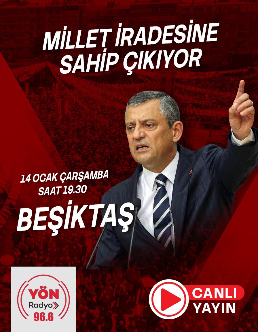 CHP Beşiktaş Mitingi canlı yayınla 96.6 Yön Radyo’da. 

🗓️14 Ocak Çarşamba 
 
⏰19.30

 📍 Beşiktaş Barbaros Meydanı

#ekremimamoğlu
#chp
#milletiradesinesahipçıkıyor