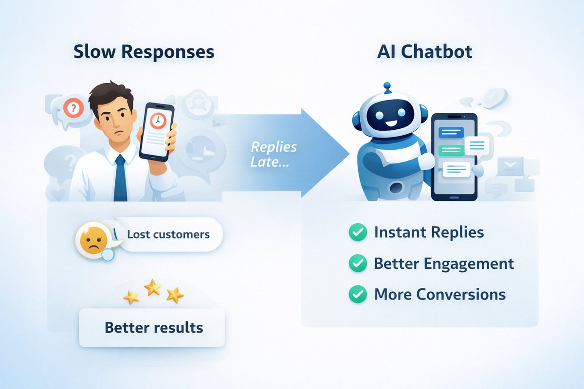 Webystack's tweet photo. Slow responses cost businesses customers.
AI chatbots deliver instant replies, better engagement, and higher conversions  24/7.

Ready to stop losing leads? Let’s automate your conversations. https://t.co/B5xDXfcVpr