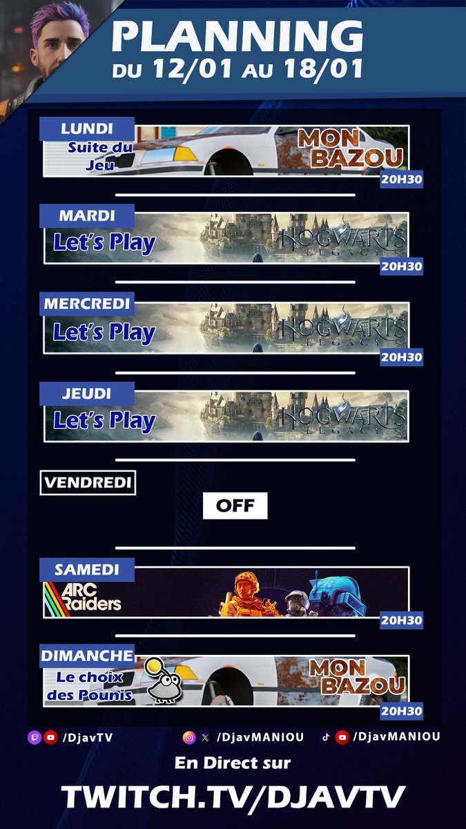 Bien le bonjour en cette nouvelle semaine !
Voici le planning de la semaine pour les Streams sur Twitch ! Au plaisir de vous y voir bien sur !
