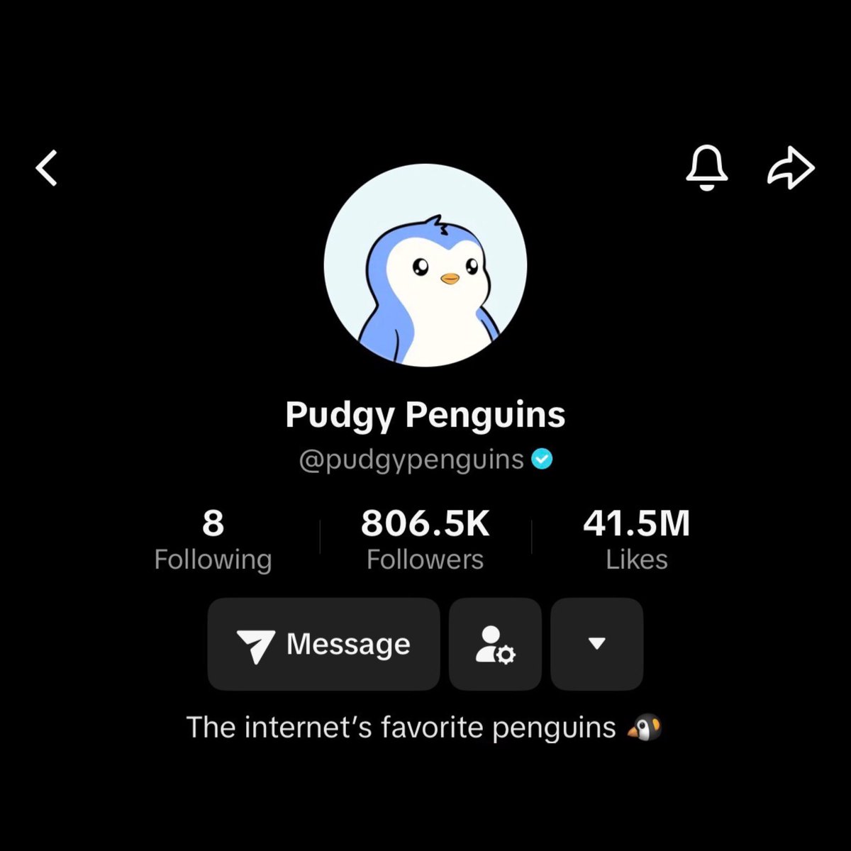 pudgypenguins's tweet image. The Pudgy Penguins @tiktok_us just hit 800,000 followers. 

Pengu is everywhere 🐧