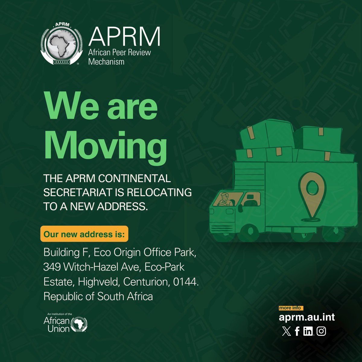 APRMorg's tweet photo. 🚨The APRM Continental Secretariat is in the process of relocating to a new address.
Further communication will follow in due course. https://t.co/ZEVoDWknFm