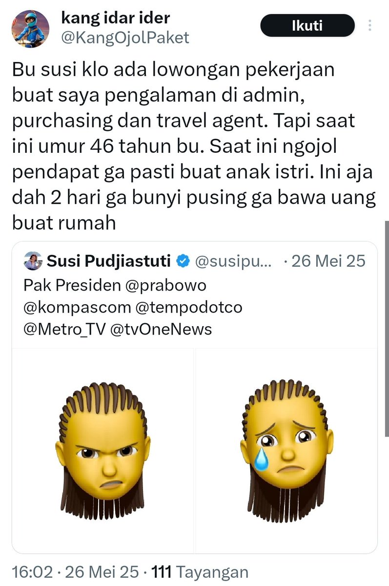 ferrykoto's tweet photo. Ck ck..

Dik, kamu sudah tua ya, turut prihatin atas kondisi ekonomi mu.

Saran sy, kurangi maki2 di X, yg pasti tak akan membuat penghasilan mu nambah. Malah energi negatif nanti numpuk, makin susah hidup kamu.

Coba kamu lamar kerja saja ke SPPG. Gajinya lumayan bagus lah.

Kalau kesulitan makan, silahkan DM saya ya, insya Allah bisa bantu, asal kurang2i maki2. Blas ndak ada bagusnya, malah makin susah nanti.