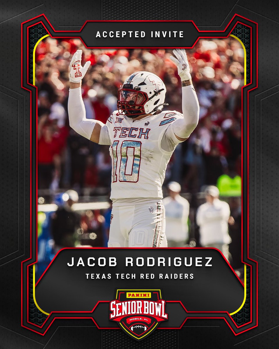 seniorbowl's tweet image. Officially Accepted!

LB Jacob Rodriguez (@Jacob_R_10) from @TexasTechFB is headed to the 2026 Panini Senior Bowl 🔥

#TheDraftStartsInMobile #WherePlayersPlay