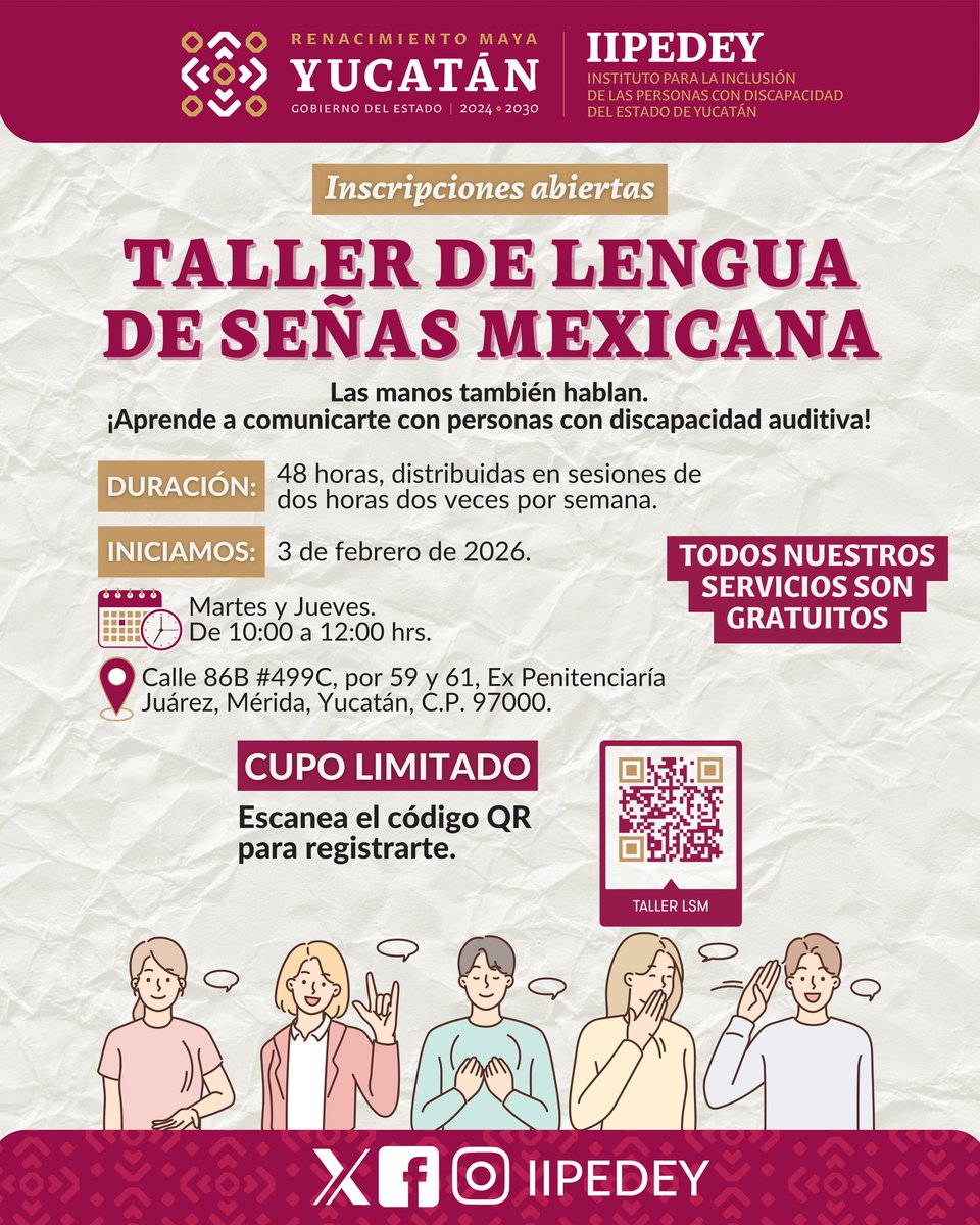 ¿Quieres conocer un poco más sobre la Lengua de Señas Mexicana? ⭐️Inscríbete a nuestro taller. 

📅 Iniciamos este 3 de febrero
📩 Para más información, envíanos un mensaje
📝 Regístrate aquí:
👉 forms.gle/UP3a3HEowyWKuC…

#RenacerConInclusión 🤟