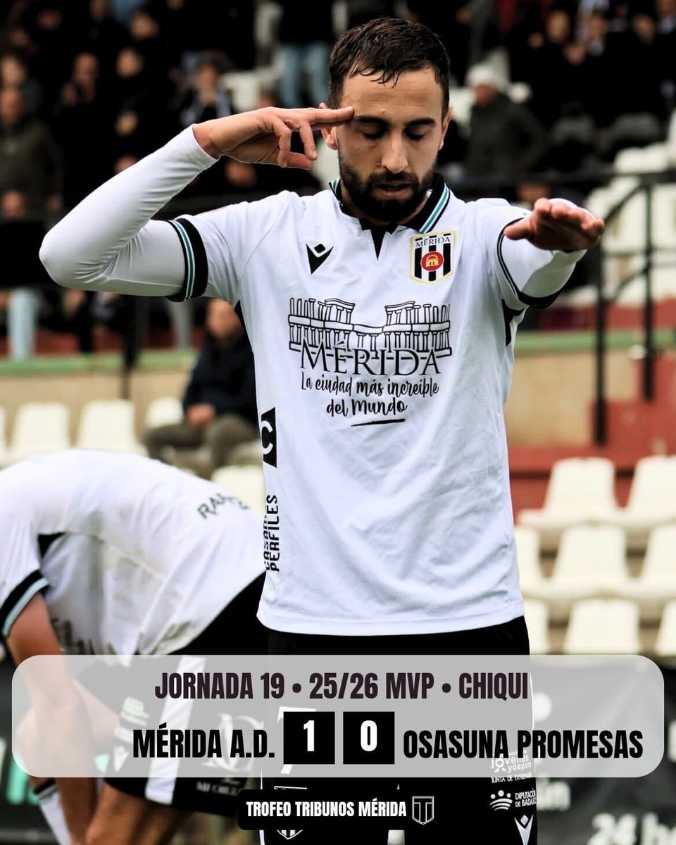 <a href="/Merida_AD/">A.D. Mérida</a> 1 - 0 Osasuna.
Golazo: ⚽ <a href="/OCastellano10/">OscarChiqui7</a>
Puntos de la jornada 19:

3 MVP 💚🤍🩶 <a href="/OCastellano10/">OscarChiqui7</a>
2 <a href="/adrcsenterics/">Csenterics Adrián</a>
1 <a href="/martinsolar10/">Martín Solar</a>

¡Nos queda la segunda vuelta!