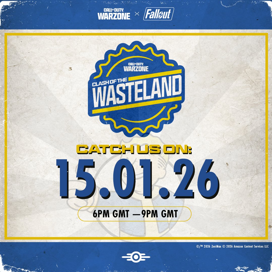 📅 MARK YOUR CALENDARS

15th January | 6PM GMT

Fallout meets Call of Duty: Warzone in the #ClashofTheWasteland tournament. Bottle-caps, mystery challenges, and absolute chaos await.

See you in the Wasteland. 💀