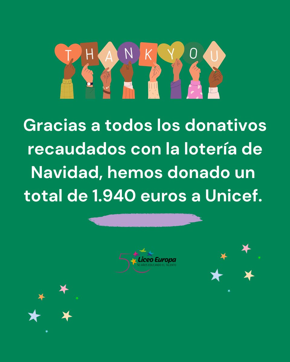 Queremos agradecer por todos los donativos recibidos por la compra de la lotería de Navidad, ya que gracias a ellos el Colegio ha donado un total de 1.940 euros a Unicef.

Muchas gracias.