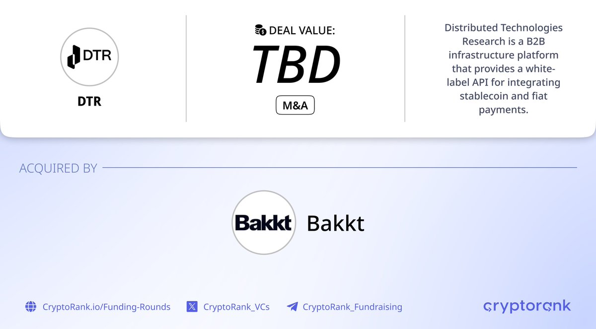 Bakkt has acquired DTR ⚡️ 📑 About: Distributed Technologies Research is a  B2B infrastructure platform that provides a white-label API for integrating  stablecoin and fiat payments. 🤝 Acquired by: @Bakkt