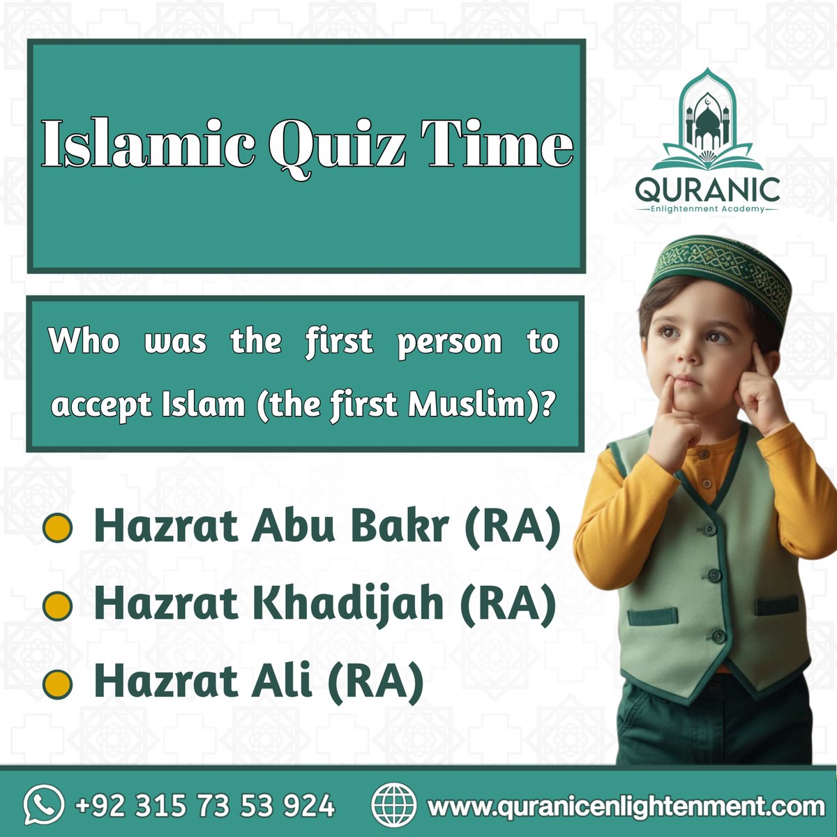 quranienlighten's tweet image. Islamic Quiz Time!  
Who was the first person to accept Islam (the first Muslim)?  

Comment your answer &amp;amp; tag a friend to challenge! 

Free Quran trial → quranicenlightenmentacademy.com  
#IslamicQuiz #FirstMuslim #MuslimTwitter