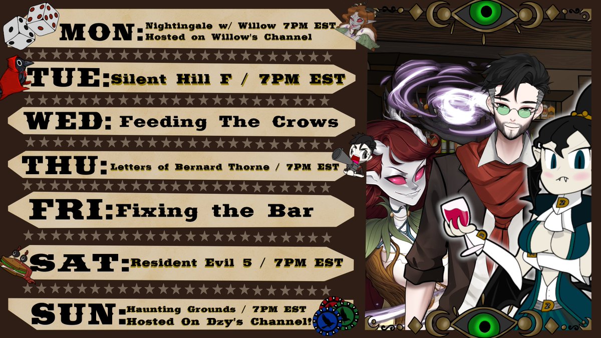 GarrettStrange_'s tweet photo. "Loaded Bounty Board."
-
Gang is all here! Mon is #Nightingale with Willow, Tues back to #SilentHillF, Thurs #LettersofBernardThorne, Sat back to #ResidentEvil5 and Sun it's #HauntingGrounds with Dzy.
Join the Crows: https://t.co/DOx80HrhGQ

#Vtuber #VtuberEN #MaleVtuber https://t.co/BiVN3jrmIj