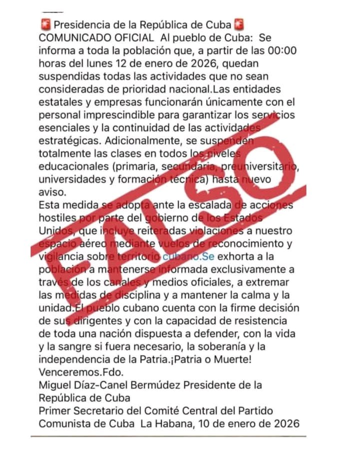 saludcontre's tweet photo. 📢No es cierta la información que circula en redes sociales y que se atribuye a la Presidencia de la República de #Cuba, sobre un supuesto cese de actividades en el país. 

📌Convocamos a nuestro pueblo a seguir informándose por los canales oficiales.
#Contramaestre https://t.co/HtV89TOOLg