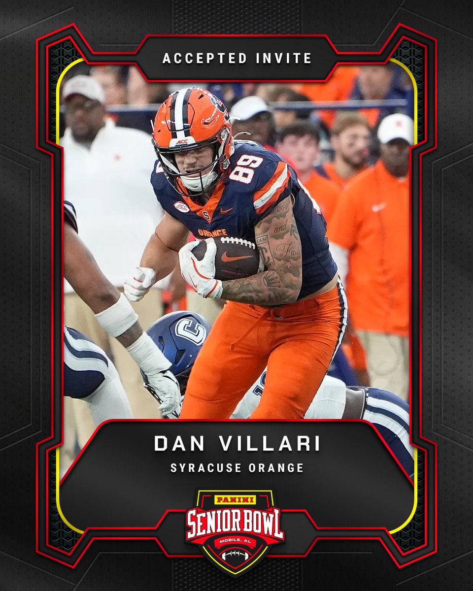 seniorbowl's tweet image. Officially Accepted!

TE Dan Villari (@Dan2Villari) from @CuseFootball is headed to the 2026 Panini Senior Bowl 🔥

#TheDraftStartsInMobile #WherePlayersPlay