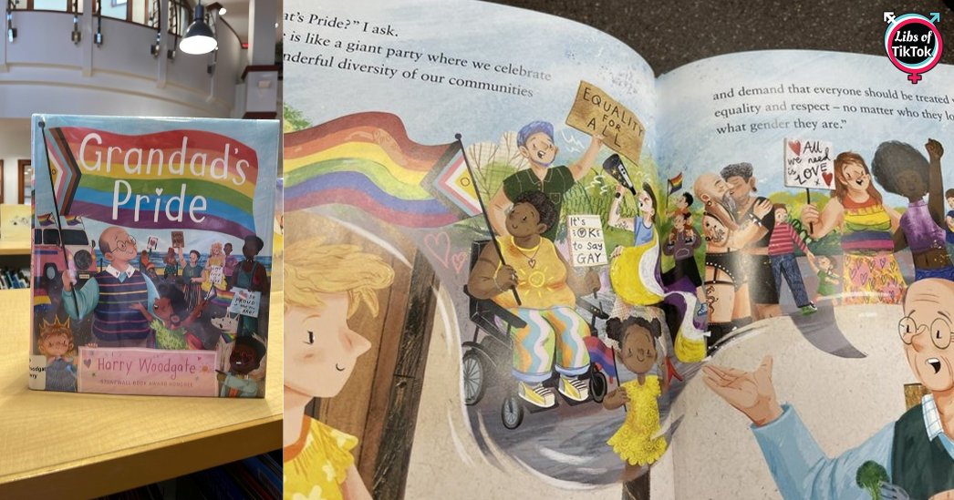 libsoftiktok's tweet photo. INBOX: Fairfax County Regional Library (@fairfaxlibrary) in VA is displaying a book called "Grandad's Pride" on the CHILDREN'S section.

This book contains images of s*xually explicit Pride Parades, which feature men in bondage gear making out.

Your tax dollars are being spent to groom and indoctrinate your children.