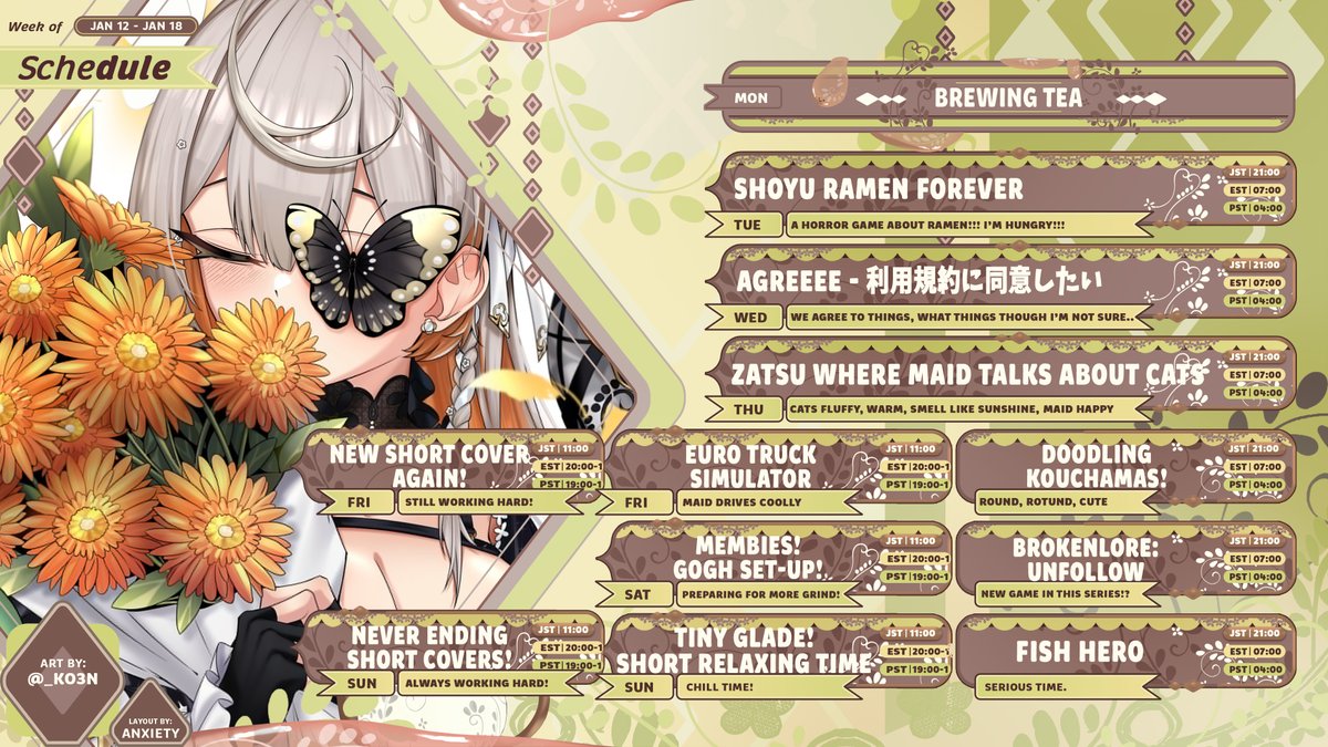 KlaraCharmwood's tweet image. Weekly Schedule💐🫖 

                           Hashtags 
─────────·༻𖥸༺·───────── 
General: #KlaraCharmwood
Live/Clips: #KlaraCast
Art Tag: #Klaratelier
Thumbnails/Assets: #Klaraphics 
Klara Pape: #PocketMaid (#PocketMiad)
Voice: #KlaraVoice
Memes: #Klarahaha…