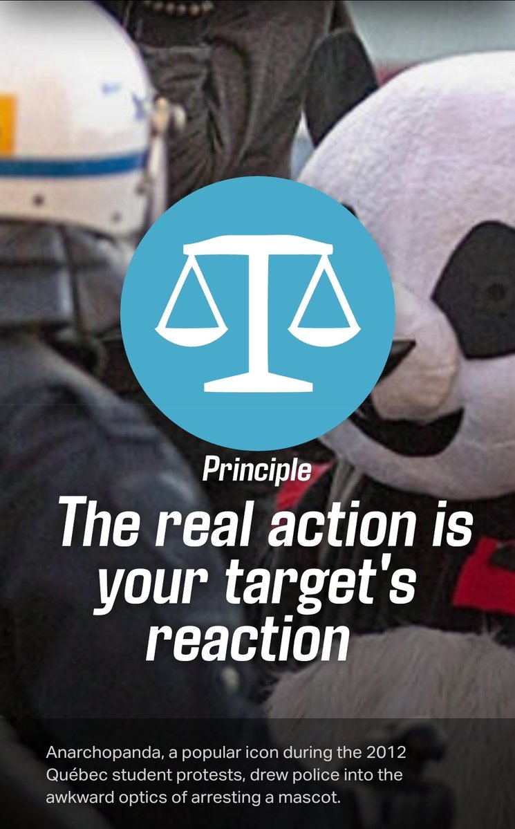 ConceptualJames's tweet image. This is straight out of Beautiful Trouble. It's called mid-level violence, a type of provocation that puts its target in a "decision dilemma" using "strategically escalating" provocations until they get a reaction.

The logic is "your enemy's reaction is your real action," and…